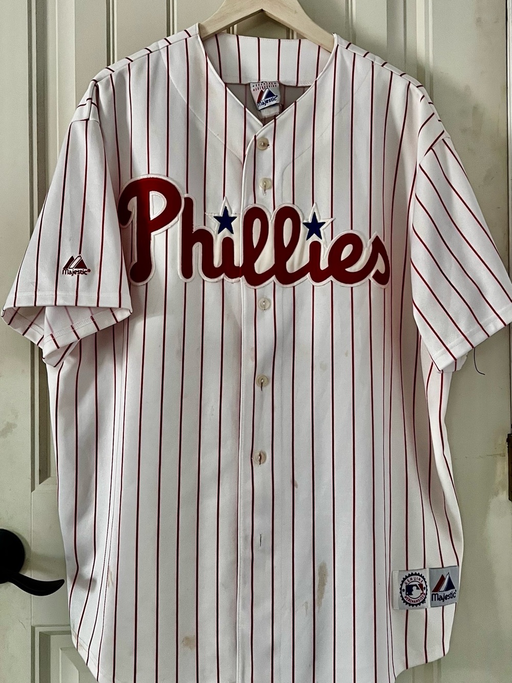Majestic White Red Pinstripe Phillies Jersey with Blue Stars